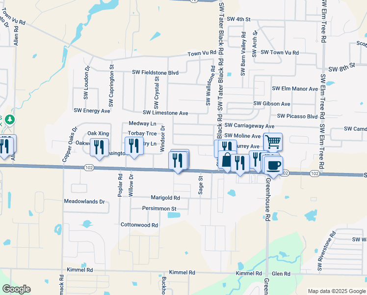 map of restaurants, bars, coffee shops, grocery stores, and more near 4302 Southwest Broadstone Avenue in Bentonville