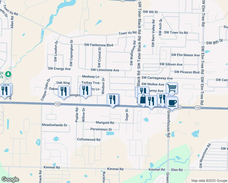 map of restaurants, bars, coffee shops, grocery stores, and more near 4302 Southwest Broadstone Avenue in Bentonville