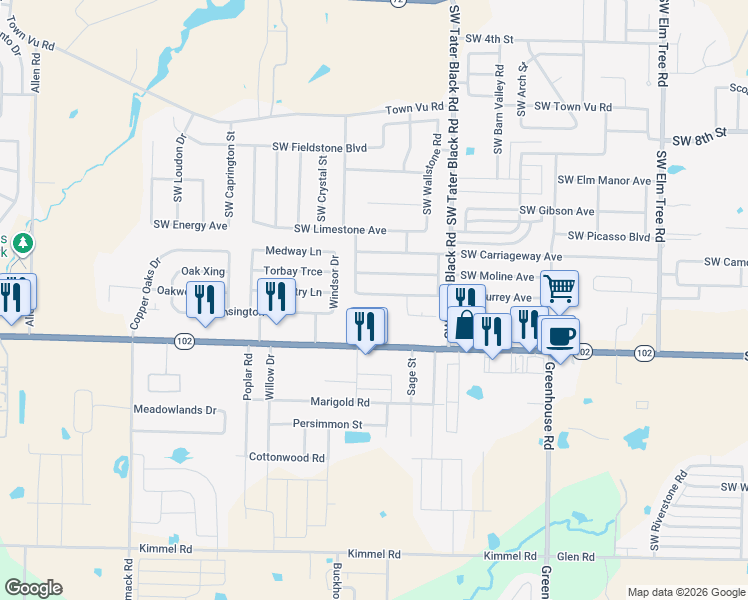 map of restaurants, bars, coffee shops, grocery stores, and more near 4302 Southwest Broadstone Avenue in Bentonville