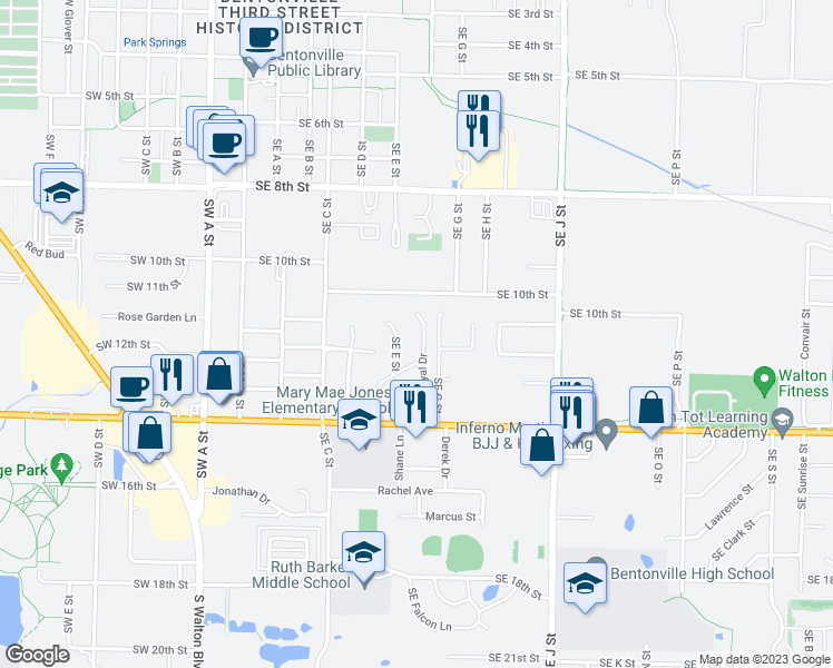 map of restaurants, bars, coffee shops, grocery stores, and more near 1107 Southeast E Street in Bentonville