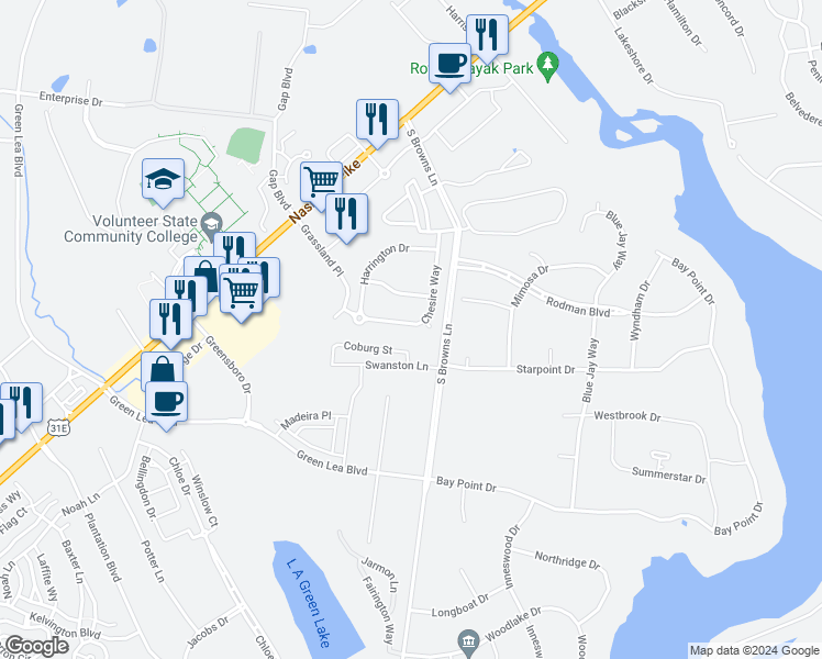 map of restaurants, bars, coffee shops, grocery stores, and more near 1025 Chesire Way in Gallatin