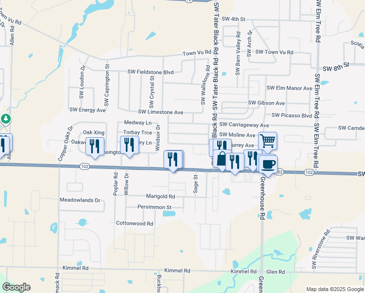 map of restaurants, bars, coffee shops, grocery stores, and more near 4200 Southwest Broadstone Avenue in Bentonville