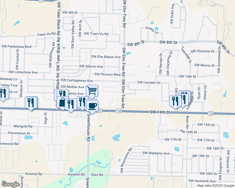 map of restaurants, bars, coffee shops, grocery stores, and more near 3305 Southwest Victoria Place in Bentonville