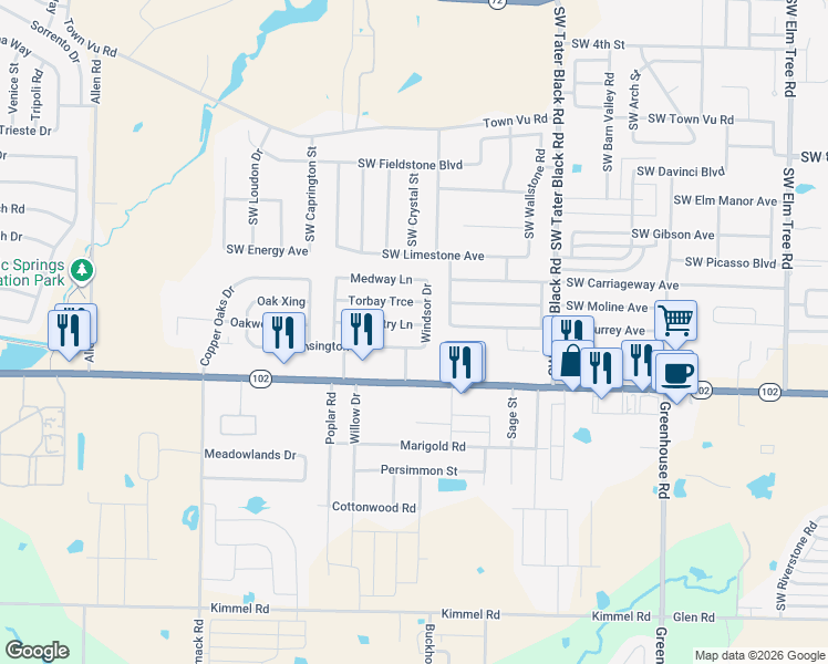 map of restaurants, bars, coffee shops, grocery stores, and more near 1281 Coventry Lane in Centerton