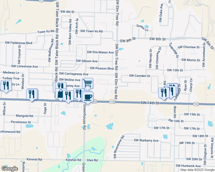 map of restaurants, bars, coffee shops, grocery stores, and more near 3304 Southwest Victoria Place in Bentonville