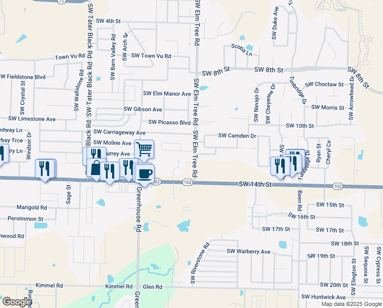 map of restaurants, bars, coffee shops, grocery stores, and more near 3304 Southwest Victoria Place in Bentonville