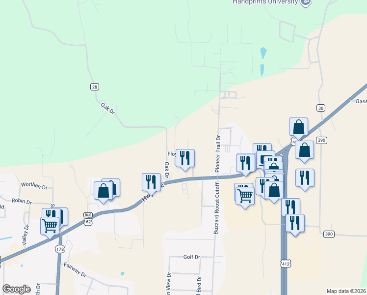 map of restaurants, bars, coffee shops, grocery stores, and more near 30 Maxwell Street in Mountain Home