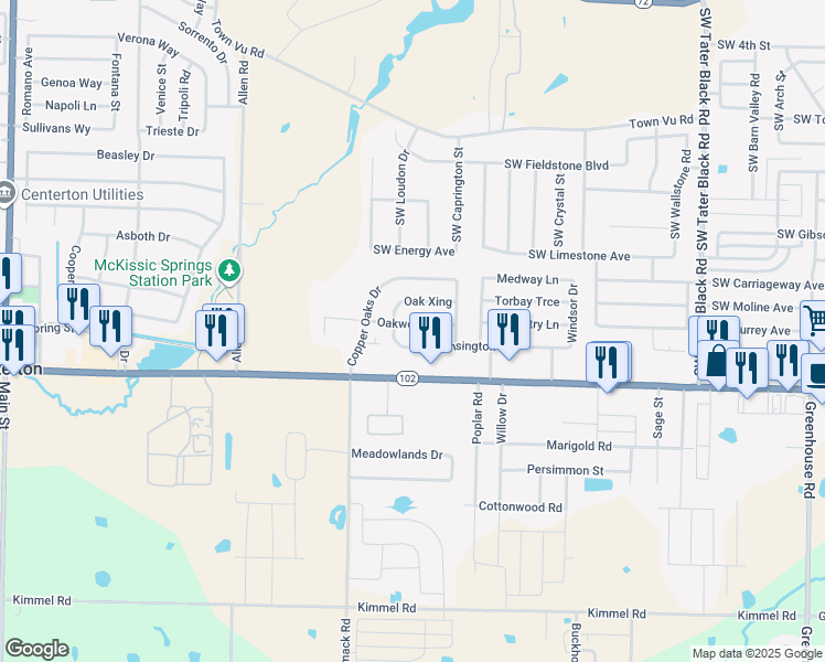 map of restaurants, bars, coffee shops, grocery stores, and more near 913 Oakwood Lane in Centerton