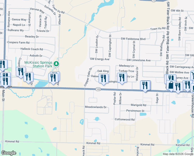 map of restaurants, bars, coffee shops, grocery stores, and more near 913 Oakwood Lane in Centerton
