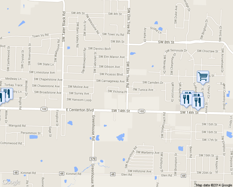 map of restaurants, bars, coffee shops, grocery stores, and more near 3408 Southwest Victoria Place in Bentonville