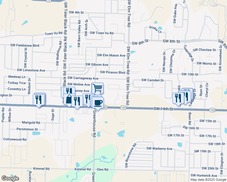 map of restaurants, bars, coffee shops, grocery stores, and more near 3408 Southwest Victoria Place in Bentonville