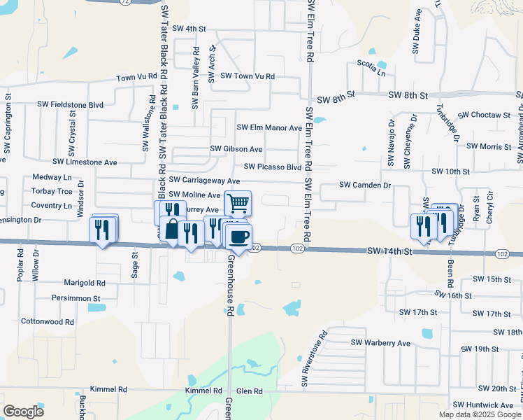 map of restaurants, bars, coffee shops, grocery stores, and more near 3408 Southwest Victoria Place in Bentonville