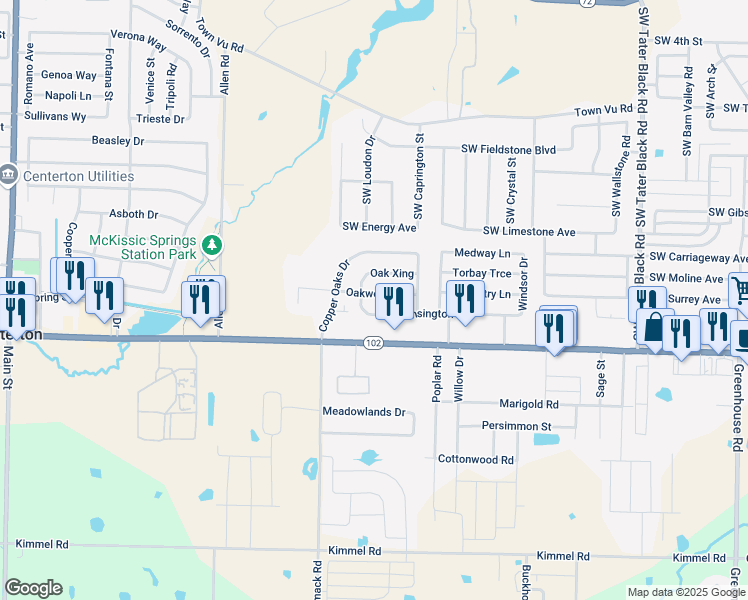map of restaurants, bars, coffee shops, grocery stores, and more near 913 Oakwood Lane in Centerton