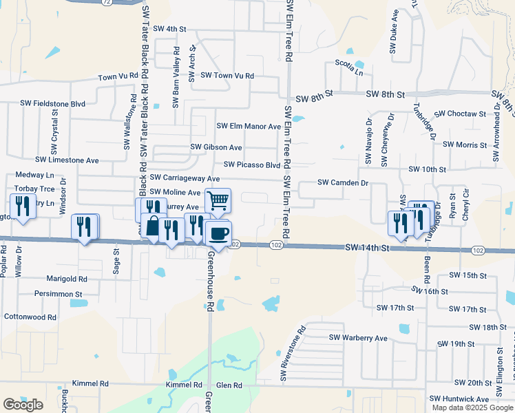 map of restaurants, bars, coffee shops, grocery stores, and more near 3405 Southwest Victoria Place in Bentonville