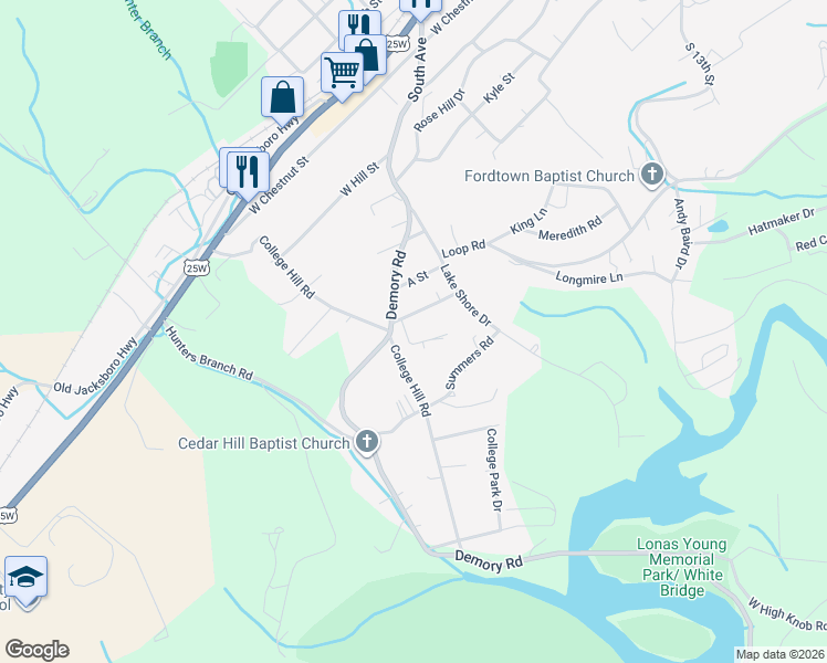 map of restaurants, bars, coffee shops, grocery stores, and more near 104 Marshall Drive in LaFollette