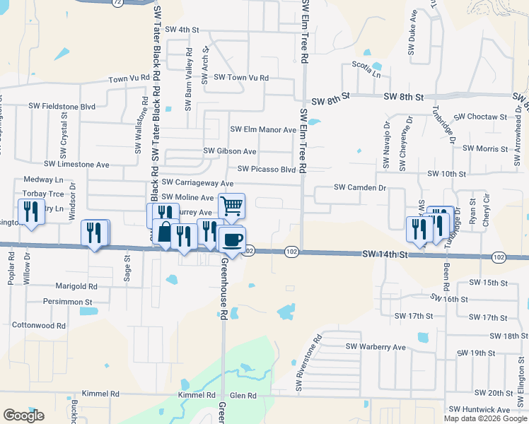 map of restaurants, bars, coffee shops, grocery stores, and more near 3408 Southwest Victoria Place in Bentonville