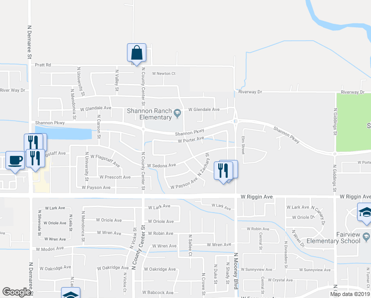 map of restaurants, bars, coffee shops, grocery stores, and more near 3347 North Ranch Street in Visalia