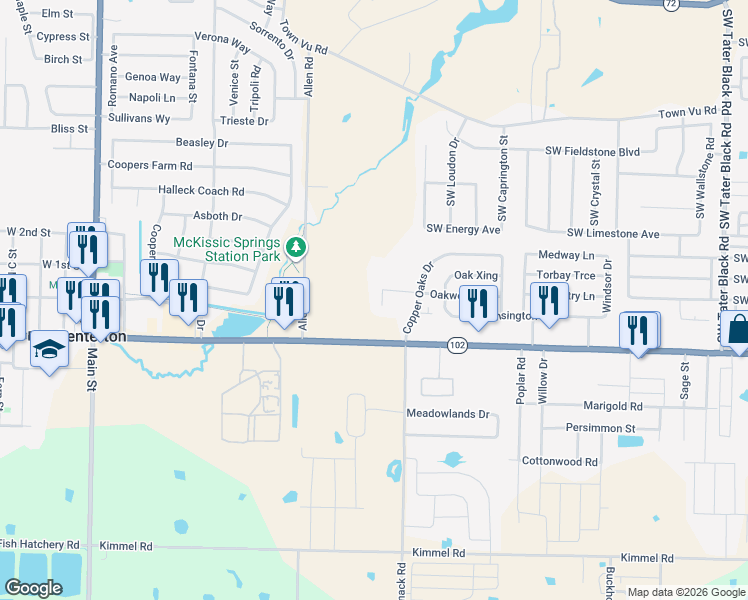 map of restaurants, bars, coffee shops, grocery stores, and more near 190 Allen Road in Centerton