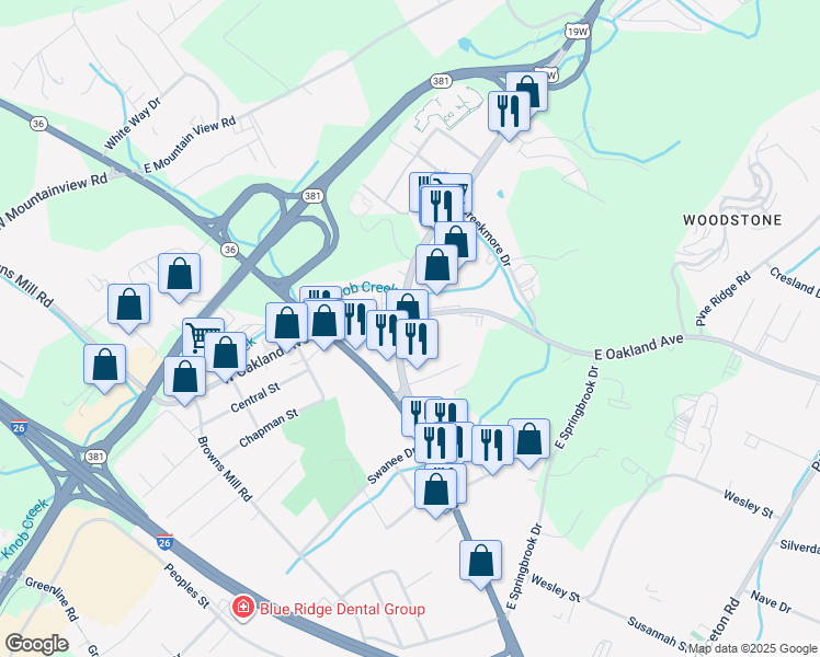 map of restaurants, bars, coffee shops, grocery stores, and more near 3101 East Oakland Avenue in Johnson City