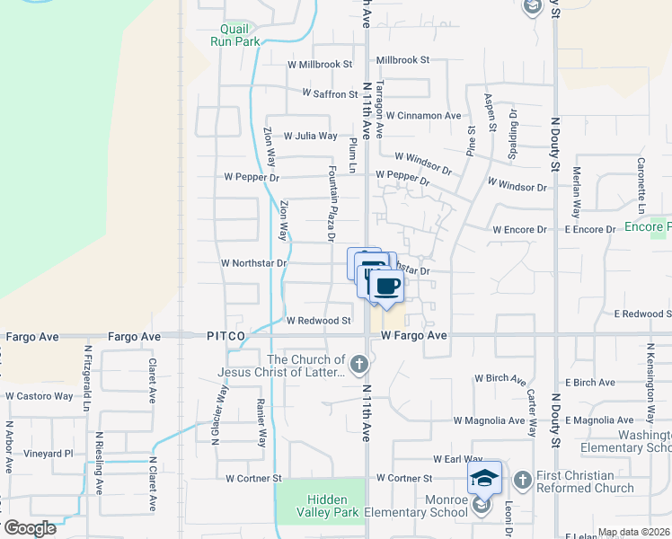 map of restaurants, bars, coffee shops, grocery stores, and more near 893 Northstar Drive in Hanford