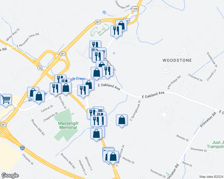 map of restaurants, bars, coffee shops, grocery stores, and more near 2903-2909 East Oakland Avenue in Johnson City
