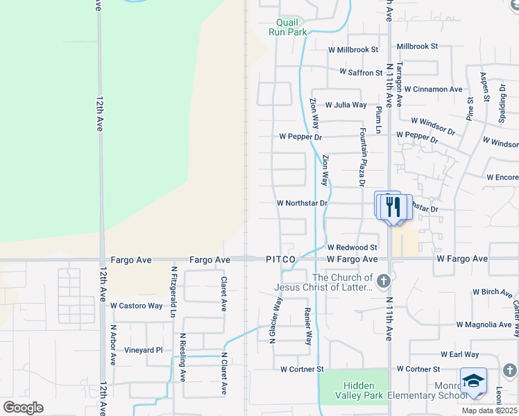 map of restaurants, bars, coffee shops, grocery stores, and more near 1117 West Northstar Drive in Hanford