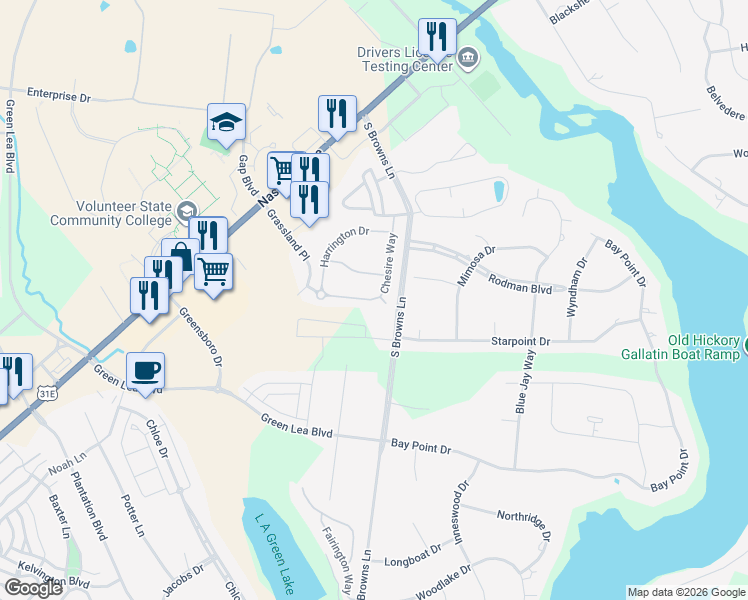 map of restaurants, bars, coffee shops, grocery stores, and more near 1001 Chesire Way in Gallatin