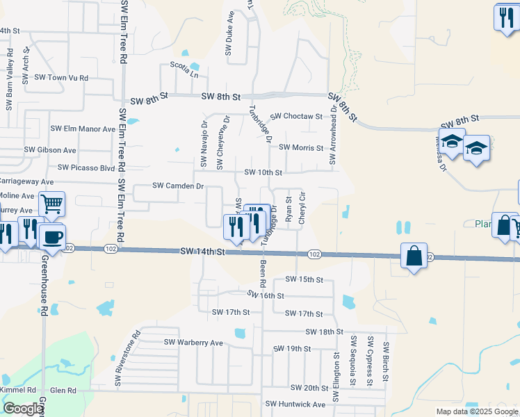 map of restaurants, bars, coffee shops, grocery stores, and more near 2506 Southwest 14th Street in Bentonville
