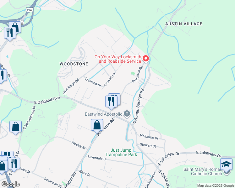 map of restaurants, bars, coffee shops, grocery stores, and more near 637 Princeton Road in Johnson City