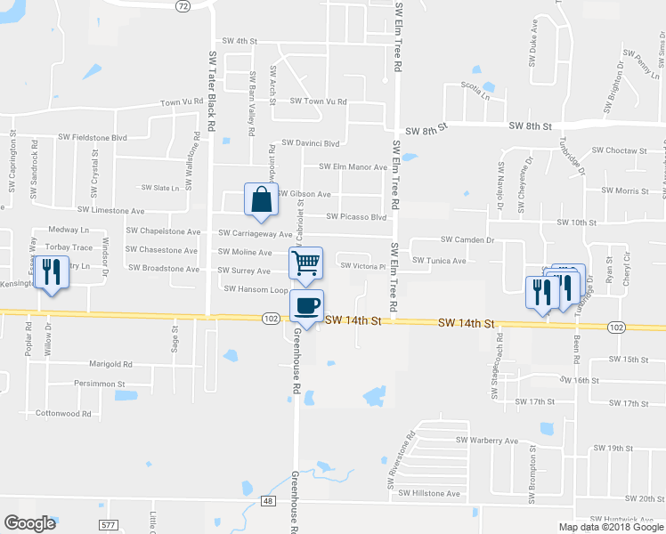map of restaurants, bars, coffee shops, grocery stores, and more near 3505 Southwest Victoria Place in Bentonville