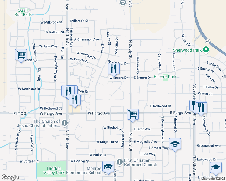 map of restaurants, bars, coffee shops, grocery stores, and more near 2676 Sun Drive in Hanford