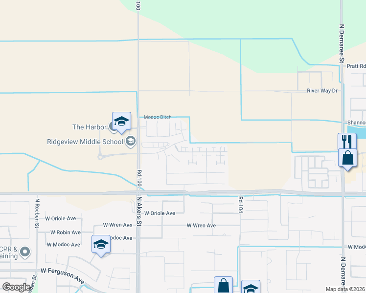 map of restaurants, bars, coffee shops, grocery stores, and more near Glenn Avenue in Visalia