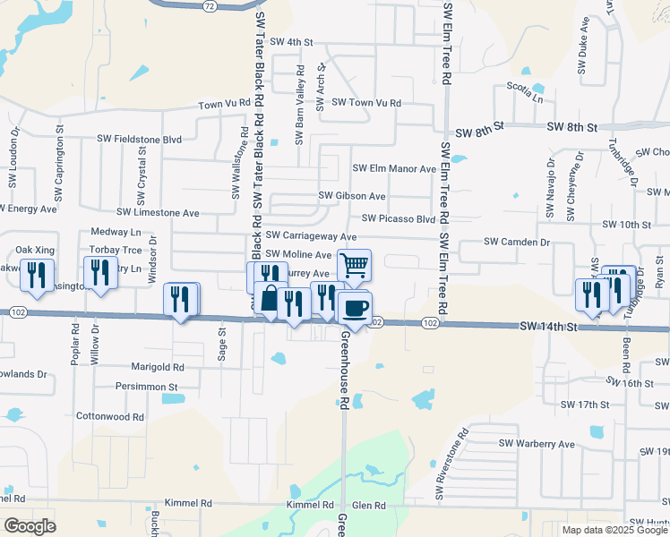 map of restaurants, bars, coffee shops, grocery stores, and more near 3702 Southwest Surrey Avenue in Bentonville