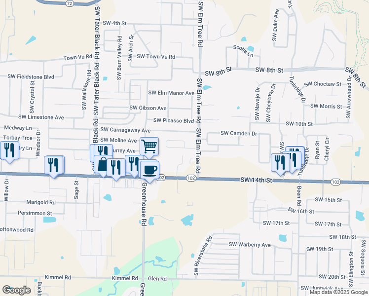 map of restaurants, bars, coffee shops, grocery stores, and more near SW Victoria Pl & SW Landau Ct in Bentonville