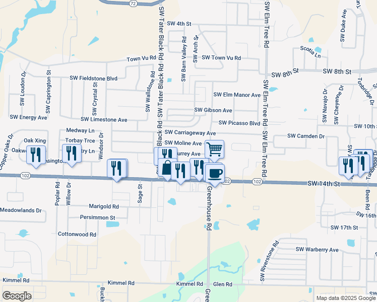 map of restaurants, bars, coffee shops, grocery stores, and more near 3806 Southwest Surrey Avenue in Bentonville