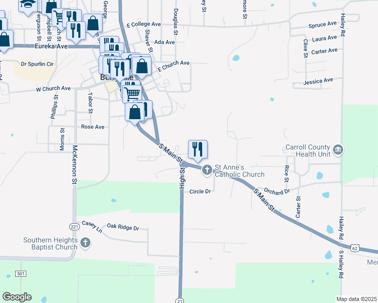 map of restaurants, bars, coffee shops, grocery stores, and more near 301-317 Hammons Avenue in Berryville