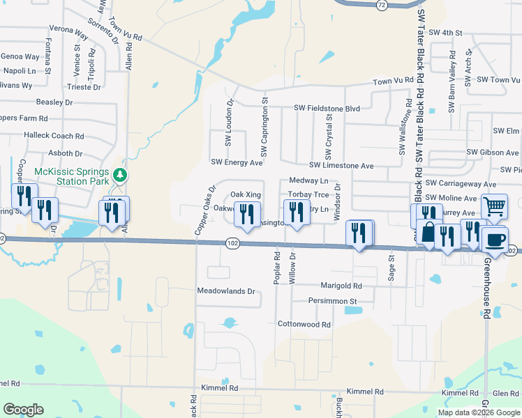 map of restaurants, bars, coffee shops, grocery stores, and more near 1015 Oakwood Lane in Centerton