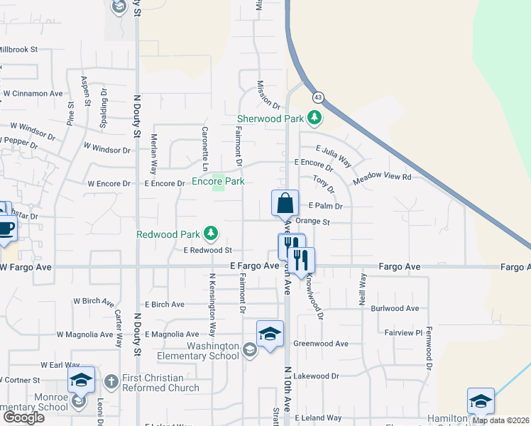 map of restaurants, bars, coffee shops, grocery stores, and more near 2717 Burl Court in Hanford
