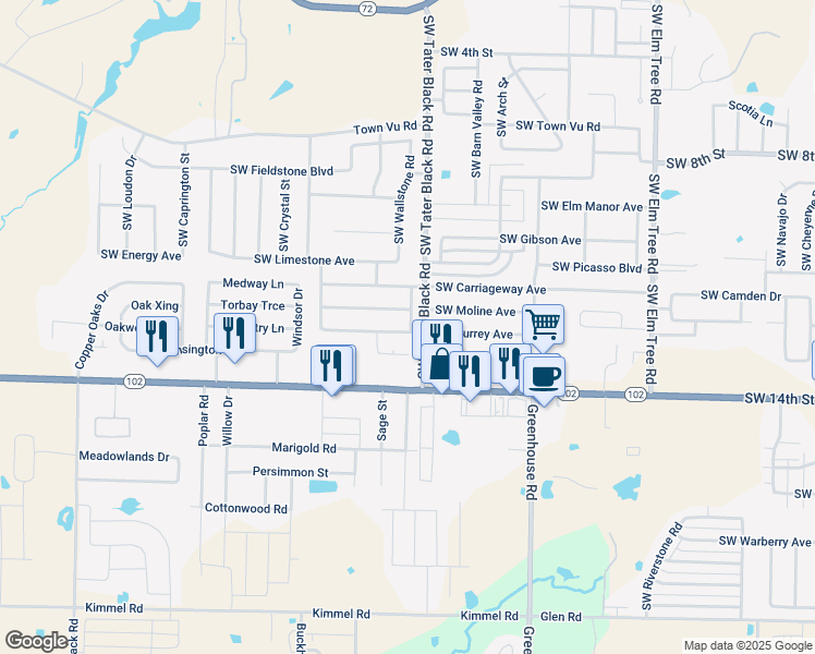 map of restaurants, bars, coffee shops, grocery stores, and more near 189 Southwest Cliffstone Street in Bentonville
