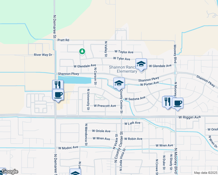 map of restaurants, bars, coffee shops, grocery stores, and more near 2877 West Brooke Avenue in Visalia