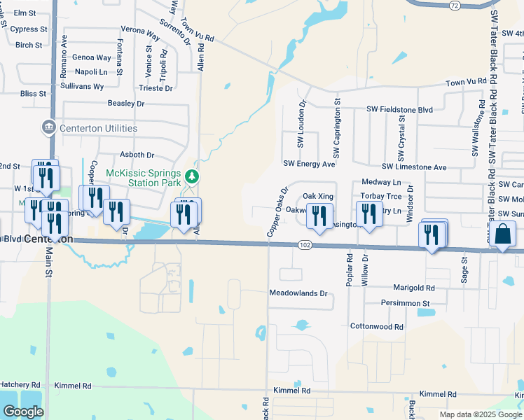map of restaurants, bars, coffee shops, grocery stores, and more near 880 Oakwood Court in Centerton