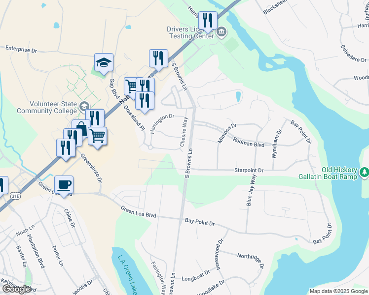 map of restaurants, bars, coffee shops, grocery stores, and more near 1001 Chesire Way in Gallatin
