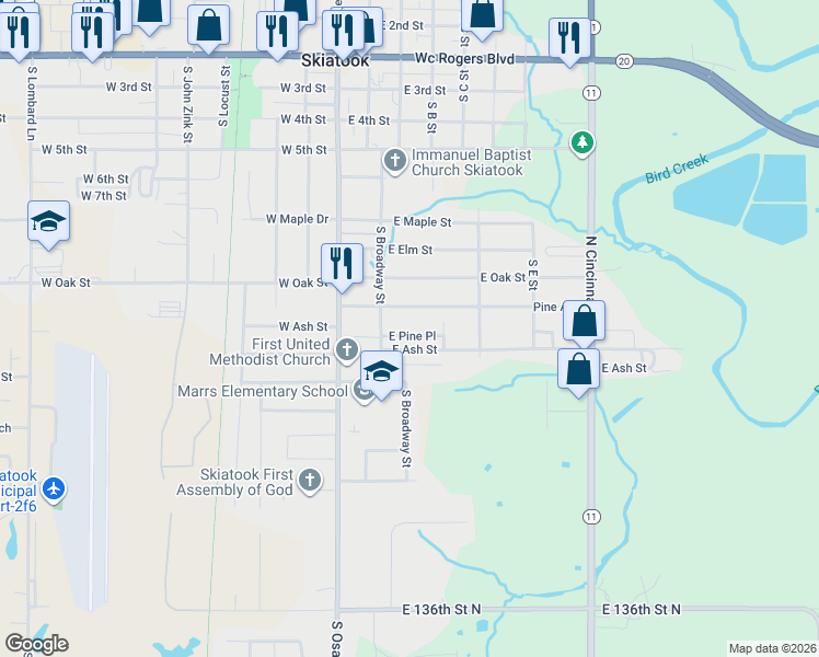 map of restaurants, bars, coffee shops, grocery stores, and more near 217 East Pine Place in Skiatook
