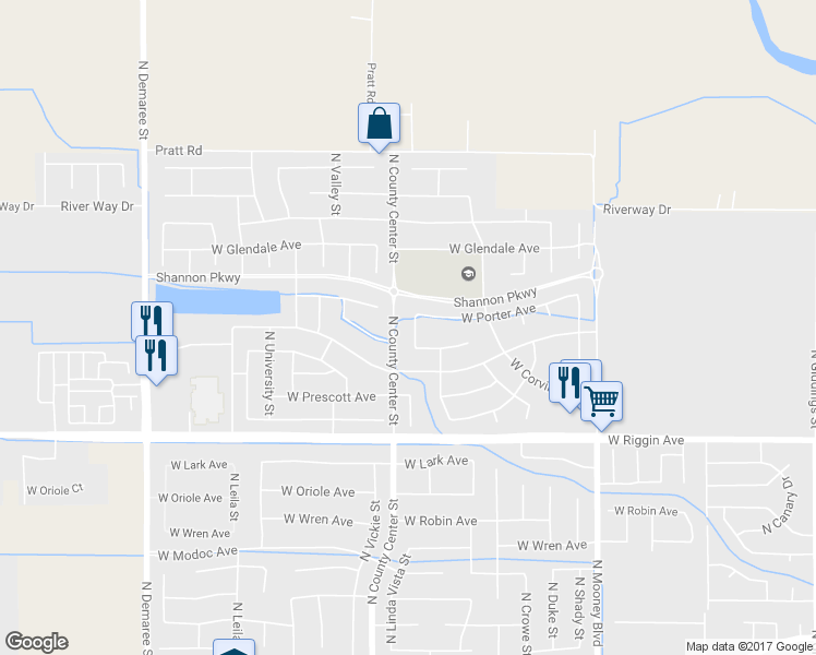 map of restaurants, bars, coffee shops, grocery stores, and more near 3423 North Linda Vista Street in Visalia