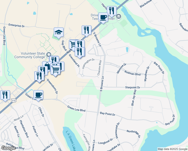 map of restaurants, bars, coffee shops, grocery stores, and more near 1026 Chesire Way in Gallatin