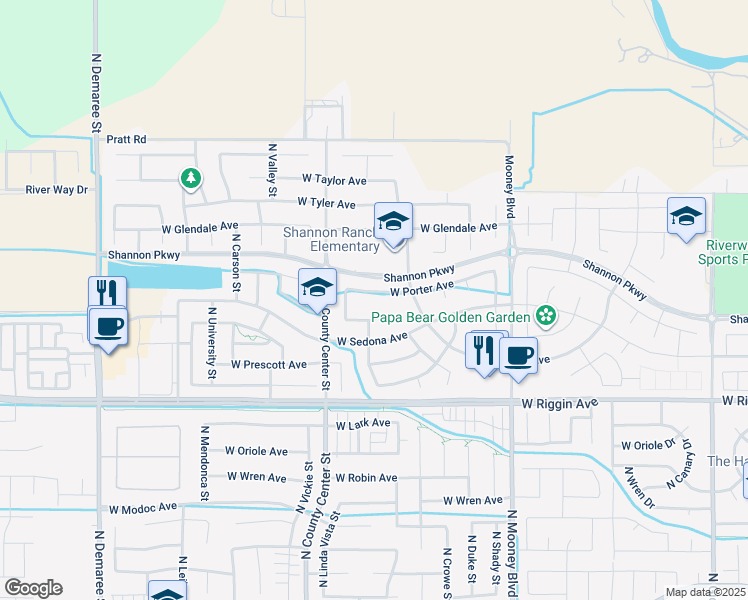 map of restaurants, bars, coffee shops, grocery stores, and more near 2711 West Porter Avenue in Visalia
