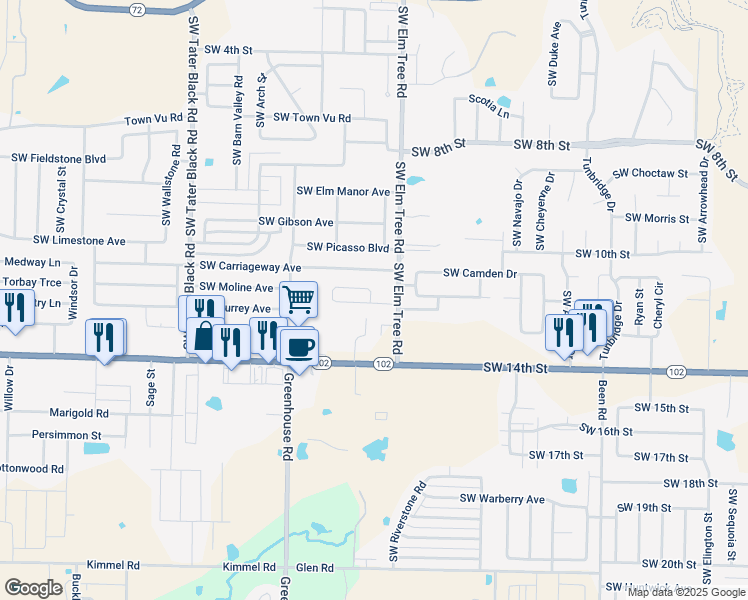 map of restaurants, bars, coffee shops, grocery stores, and more near 3304 Southwest Victoria Place in Bentonville