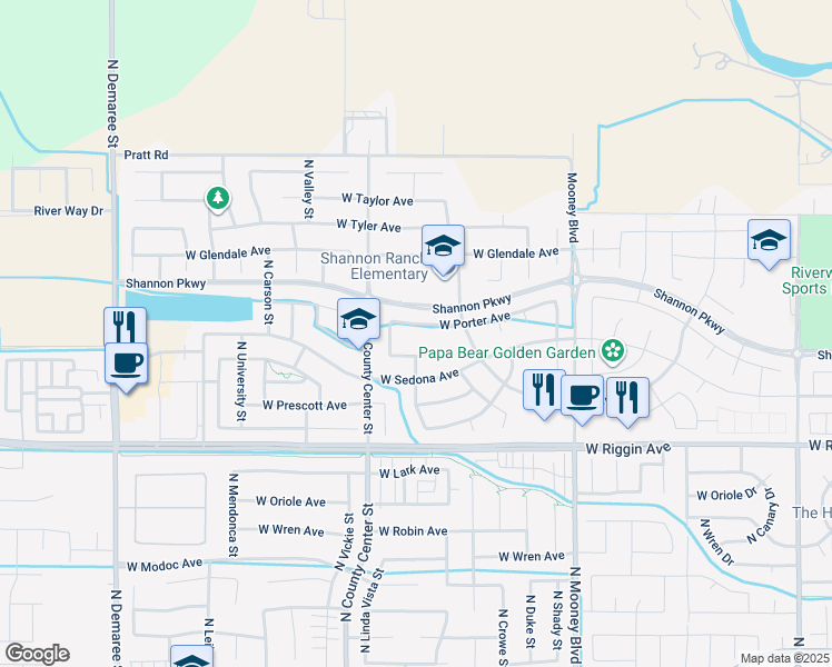 map of restaurants, bars, coffee shops, grocery stores, and more near 2711 West Porter Avenue in Visalia