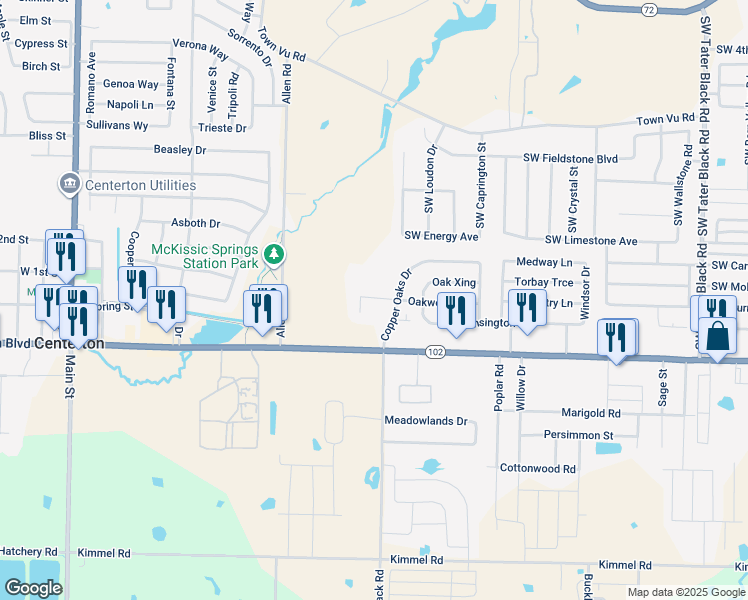 map of restaurants, bars, coffee shops, grocery stores, and more near 880 Oakwood Court in Centerton