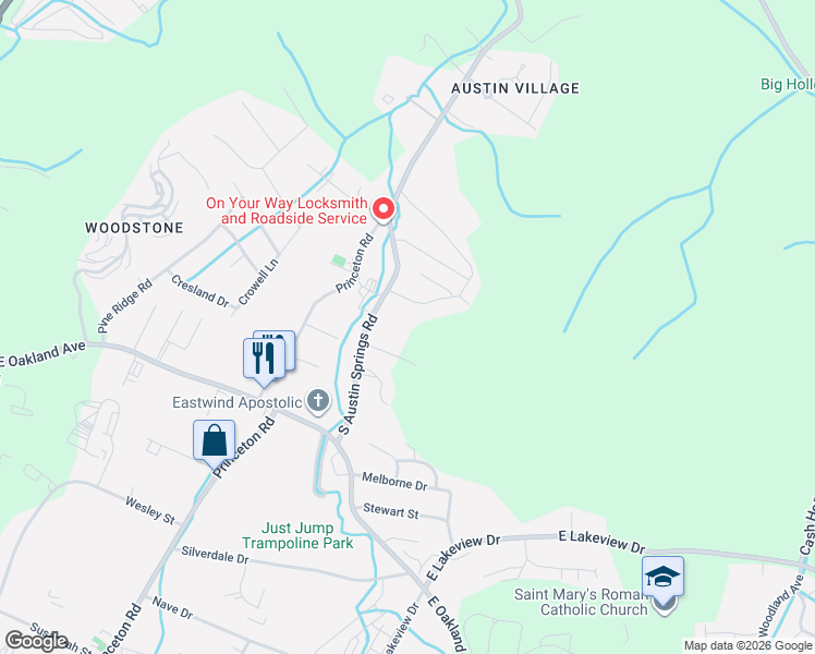 map of restaurants, bars, coffee shops, grocery stores, and more near 180 South Austin Springs Road in Johnson City